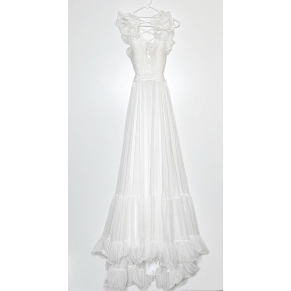 NWT Mac Duggal Ruffle Tiered Cutout Chiffon Gown Empire Waist Womens White SZ 4 - Picture 3 of 8
